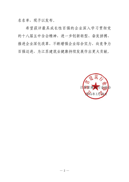 我公司榮獲2015年度江蘇省最具成長性百強企業(yè)獎